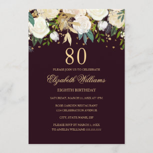 80. Geburtstag Burgunder Gold Blumen Einladung