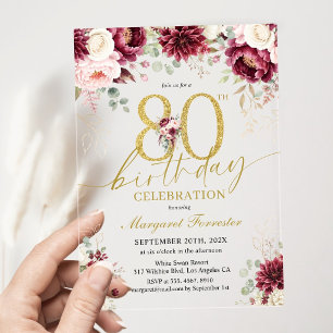 80. Geburtstag Burgunder-Rosen-Blumen Gold-Glitter Acryleinladungen