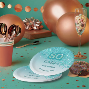 80. Geburtstag Chic Falling Aquamarin Blue Glitzer Pappteller