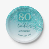80. Geburtstag Chic Falling Aquamarin Blue Glitzer Pappteller (Vorderseite)