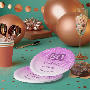 80. Geburtstag Chic Falling Pink Glitzer Pappteller