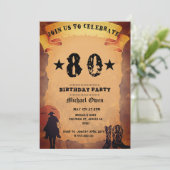 80. Geburtstag Cowboy Alt-Papier Reiten Party Einladung (Stehend Vorderseite)