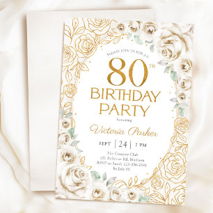 80. Geburtstag Creme Gold Blumen Weiblich Einladung