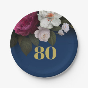 80. Geburtstag Dark Blue Elegant Floral Achtzigste Pappteller
