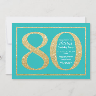 80. Geburtstag Einladung Aquamarin und Gold Glitze