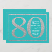 80. Geburtstag Einladung Aquamarin und Silberner G (Vorne/Hinten)