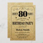 80. Geburtstag Einladung Black and Gold Glitzer (Vorne/Hinten)