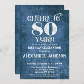 80. Geburtstag Einladung Blue Linen Rustikale Gefa (Vorne/Hinten)
