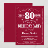 80. Geburtstag Einladung Burgund rot und weiß (Vorne/Hinten)