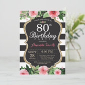 80. Geburtstag Einladung Frauen. Floral Gold Black (Stehend Vorderseite)