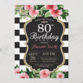 80. Geburtstag Einladung Frauen. Floral Gold Black (Vorne/Hinten)