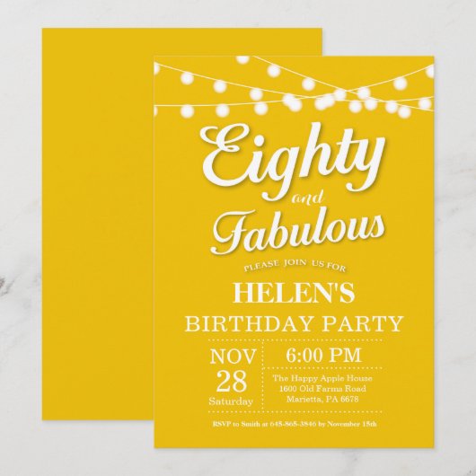 80. Geburtstag Einladung Gelb fabelhaft (Vorne/Hinten)