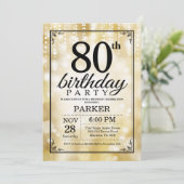 80. Geburtstag Einladung Gold Glitzer (Stehend Vorderseite)
