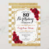 80. Geburtstag Einladung Gold Weiße Streifen Rose (Vorne/Hinten)