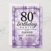 80. Geburtstag Einladung Lila Glitzer (Vorderseite)