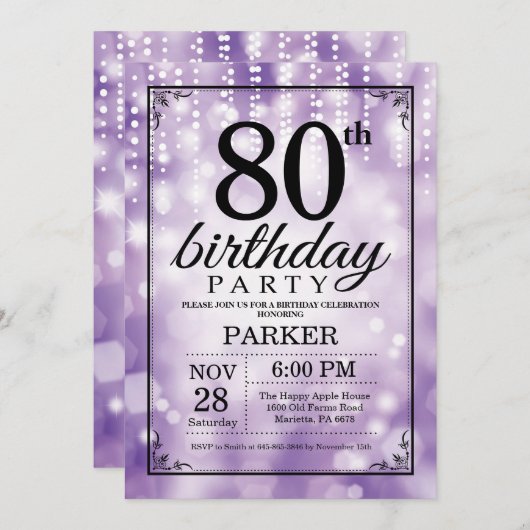 80. Geburtstag Einladung Lila Glitzer (Vorne/Hinten)