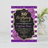 80. Geburtstag Einladung Lila Gold mit Rose (Stehend Vorderseite)