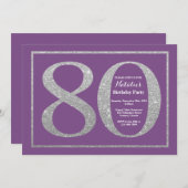 80. Geburtstag Einladung Lila und Silberner Glitze (Vorne/Hinten)