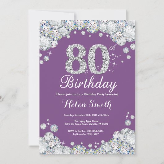 80. Geburtstag Einladung Lila und Silver Diamond (Vorderseite)