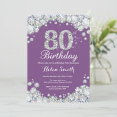 80. Geburtstag Einladung Lila und Silver Diamond (Stehend Vorderseite)