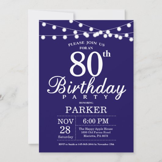 80. Geburtstag Einladung Navy Blue (Vorderseite)