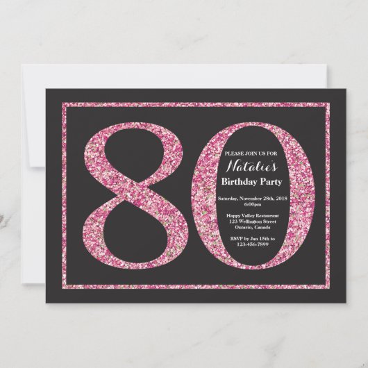 80. Geburtstag Einladung Pink Glitzer Chalkboard (Vorderseite)