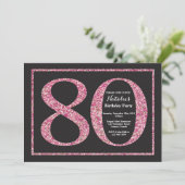 80. Geburtstag Einladung Pink Glitzer Chalkboard (Stehend Vorderseite)