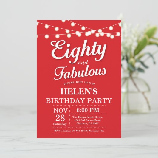 80. Geburtstag Einladung Red Fabulous (Stehend Vorderseite)