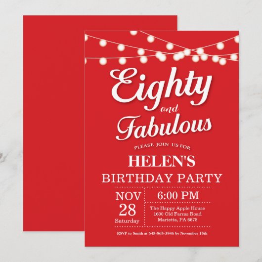 80. Geburtstag Einladung Red Fabulous (Vorne/Hinten)