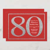 80. Geburtstag Einladung Rot und Silber Glitzer (Vorne/Hinten)