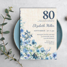 80. Geburtstag Elegant Blaue Botanische Leinen-Par