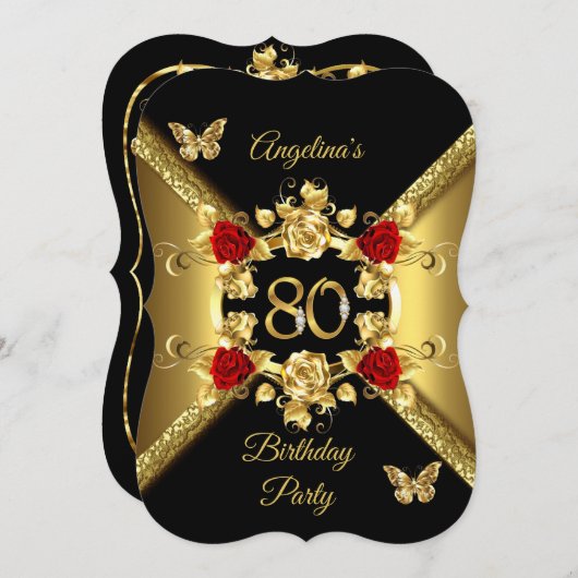 80. Geburtstag Elegant Gold Rote Rosen Black Einladung (Vorne/Hinten)