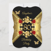 80. Geburtstag Elegant Gold Rote Rosen Black Einladung (Vorderseite)