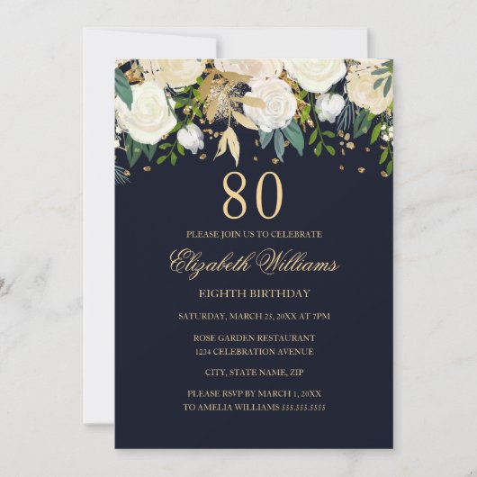 80. Geburtstag Elegant Navy Gold Floral Einladung (Vorderseite)