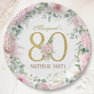 80. Geburtstag Elegant Rosa & Gold Floral Pappteller