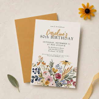 80. Geburtstag Elegante Herbst-Wasserfarben-Blumen Einladung