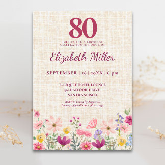 80. Geburtstag Elegante rosa Wildblumen-Lineneinla Einladung