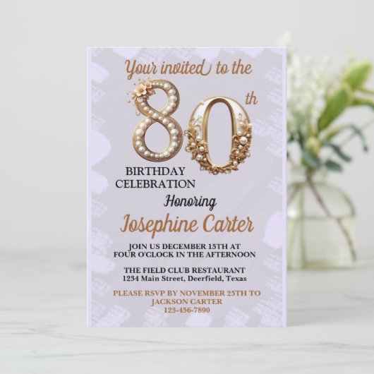 80. Geburtstag Elegantes Party Einladung (Stehend Vorderseite)