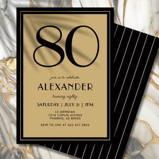 80. Geburtstag Erwachsene Schwarz und Gold Modern  Einladung