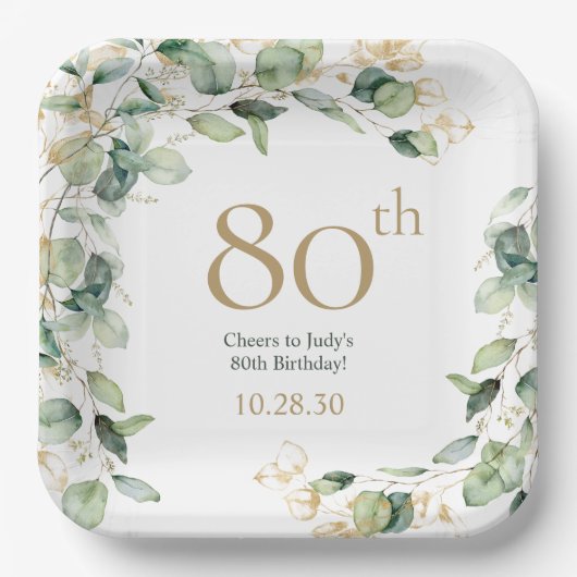 80. Geburtstag Eukalyptus Pappteller (Vorderseite)