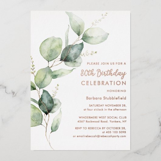 80. Geburtstag Eukalyptus-Script-Party Folieneinladung (Vorderseite)