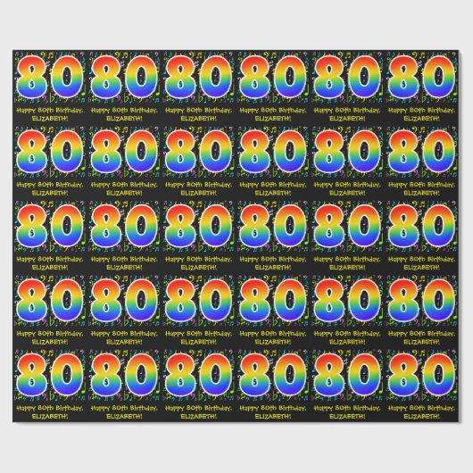 80. Geburtstag: Farbige Musiksymbole, Regenbogen 8 Geschenkpapier (Flach)
