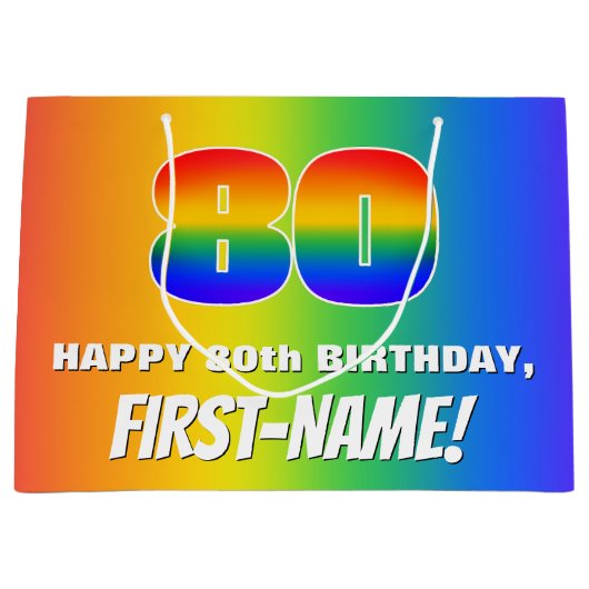 80. Geburtstag: Farbiges, lustiges Regenbogenmuste Große Geschenktüte (Vorderseite)