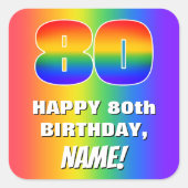 80. Geburtstag: Farbiges, lustiges Regenbogenmuste Quadratischer Aufkleber (Vorderseite)