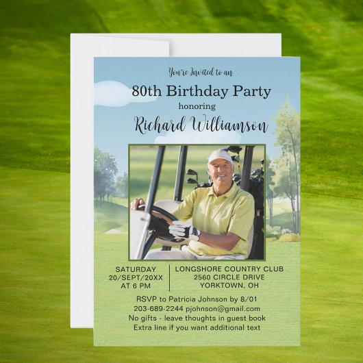 80. Geburtstag Foto Aquarell Golf Thema Einladung