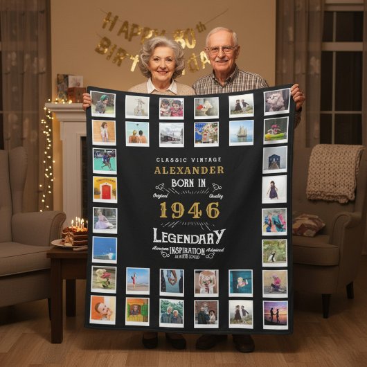 80. Geburtstag Foto-Collage Vater Großvater Fleecedecke