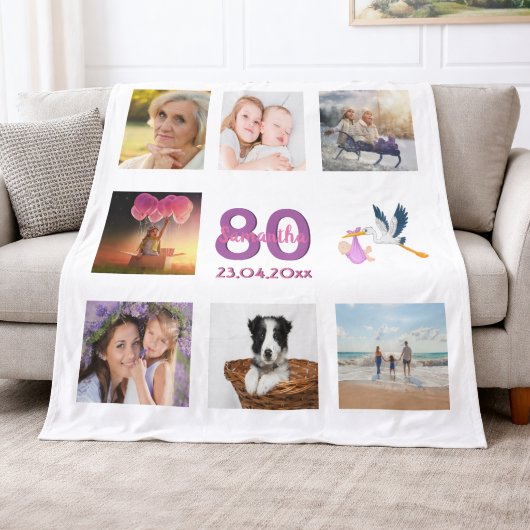 80. Geburtstag Foto Collage weiß Fleecedecke