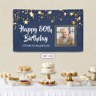 80. Geburtstag Foto Gold Stars Blau Personalisiert Banner
