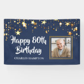 80. Geburtstag Foto Gold Stars Blau Personalisiert Banner (Horizontal)