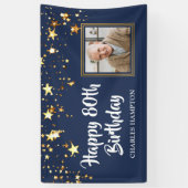 80. Geburtstag Foto Gold Stars Blau Personalisiert Banner (Vertikal)